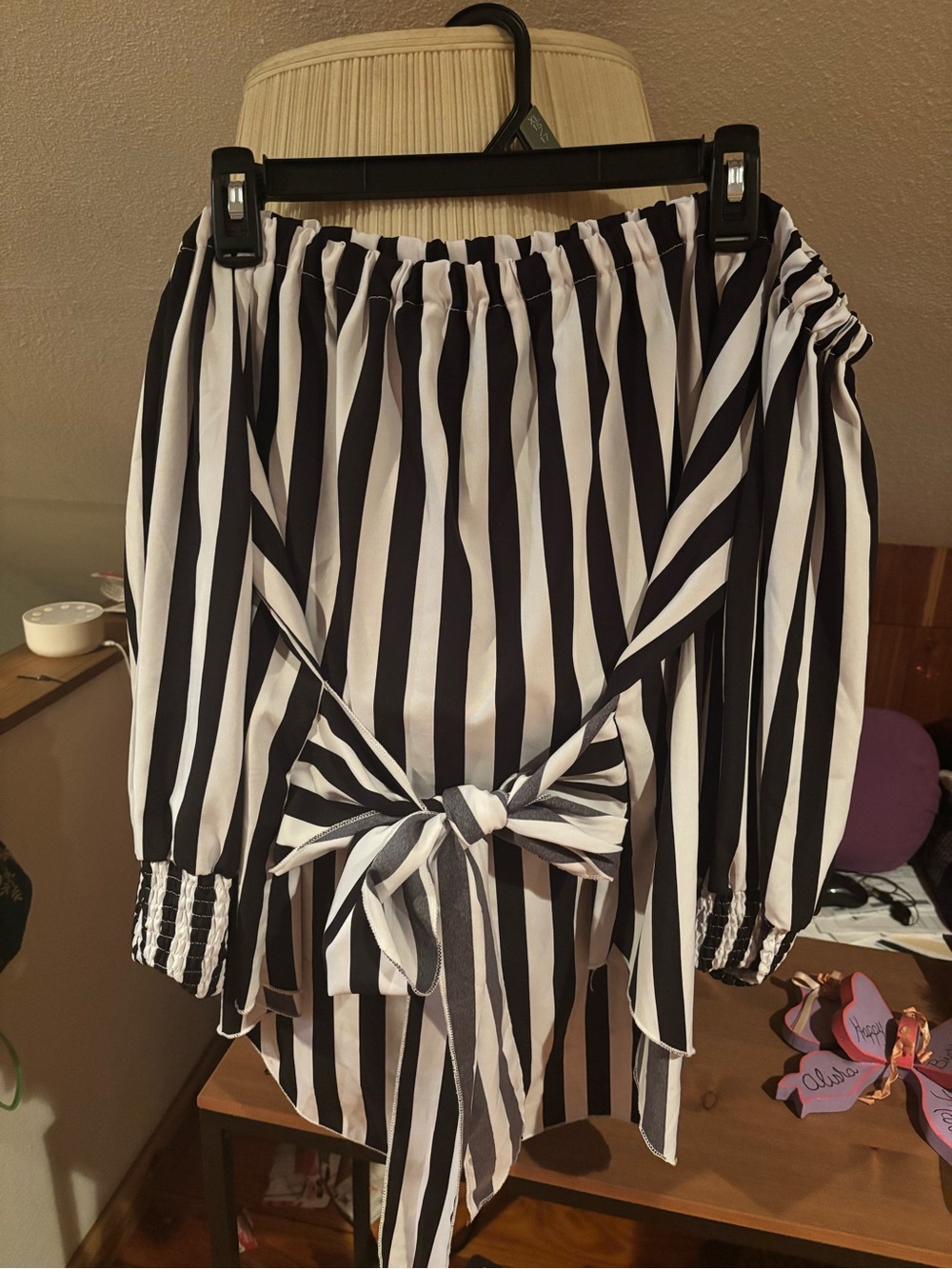SHEIN Black & White Vertical Stripe Off-Shoulder Blouse with Waist Tie
